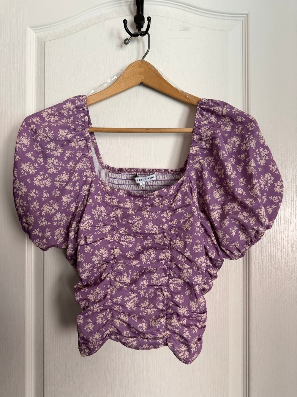 Celebrity Pink Purple Floral Ruched Puff Sleeve Crop Top Size Large